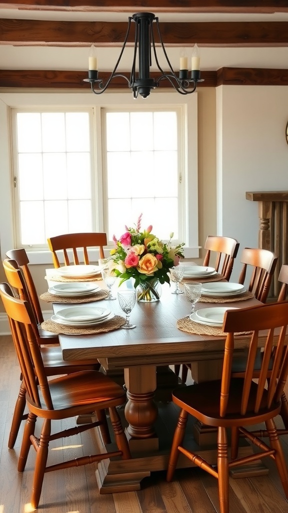 A cozy farmhouse dining room with a wooden table, jute place mats, and a flower centerpiece.