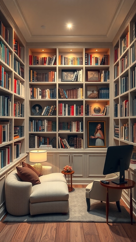A cozy office space with built-in bookshelves, a comfortable sofa, and warm lighting.