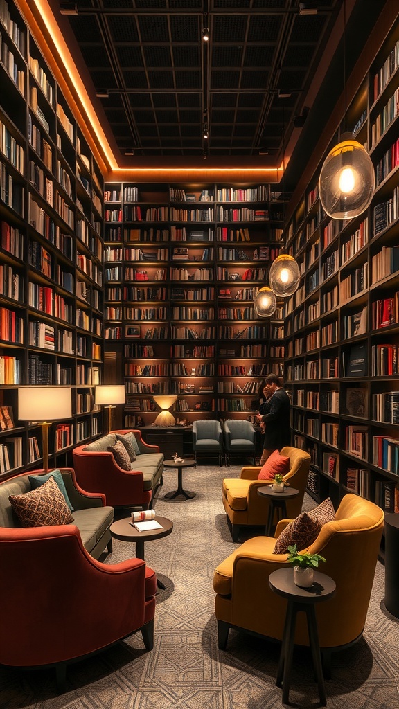 A modern cozy library room with bookshelves, stylish seating, and warm lighting