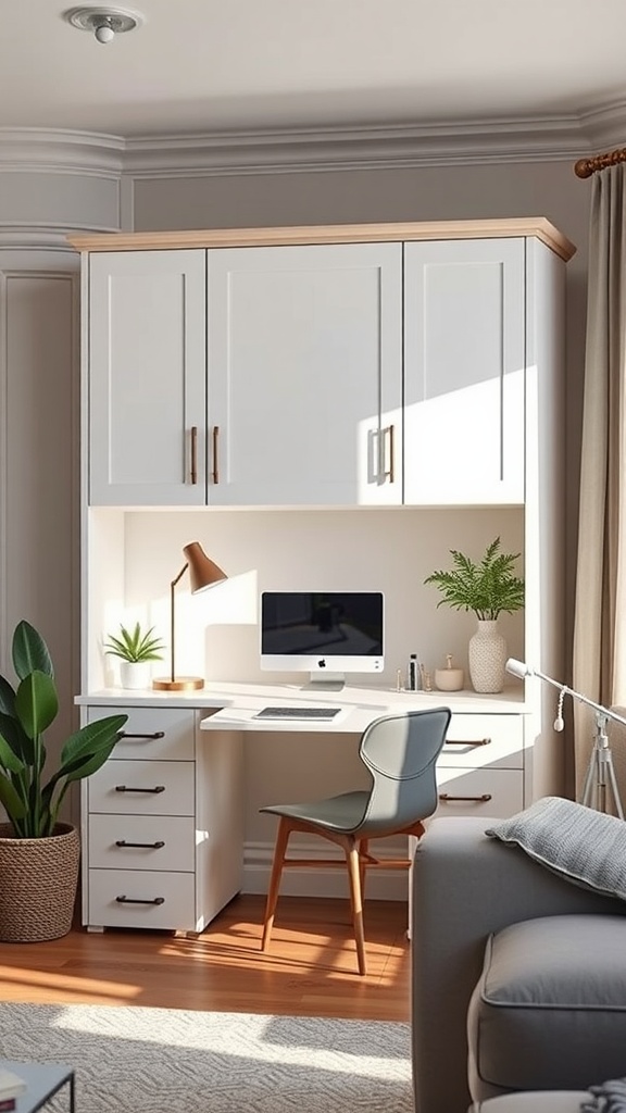 A modern Murphy desk setup in a living room, featuring a computer, chair, and decorative plants.