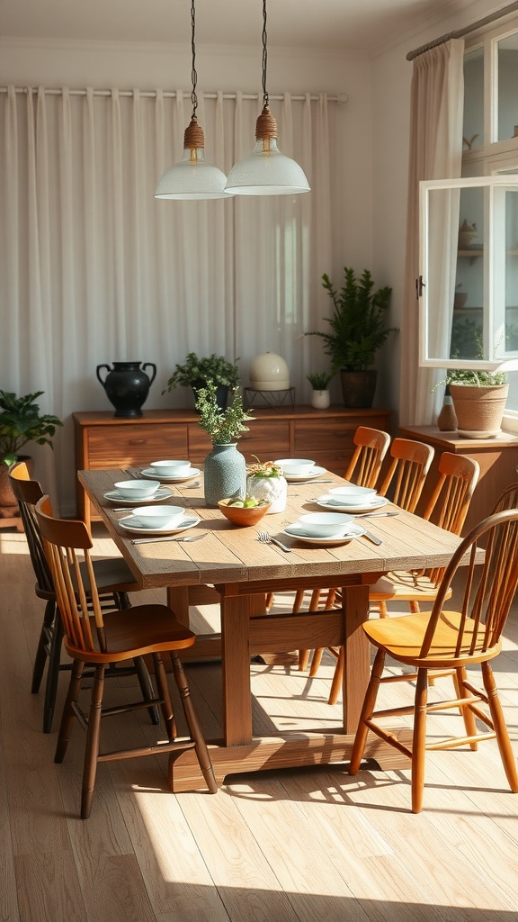 A cozy dining room with a natural wood table and chairs, plants, and bright light coming through the window.