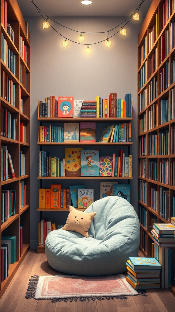 A cozy reading nook nestled between bookshelves, featuring a soft chair and bright fairy lights.