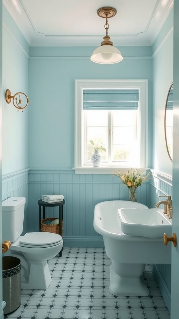 A bright bathroom painted in Robin Egg Blue with white fixtures and natural light from a window