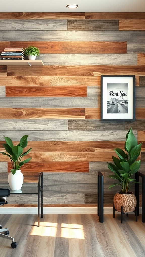 Office space featuring a rustic wood accent wall with a glass desk, plants, and artwork.