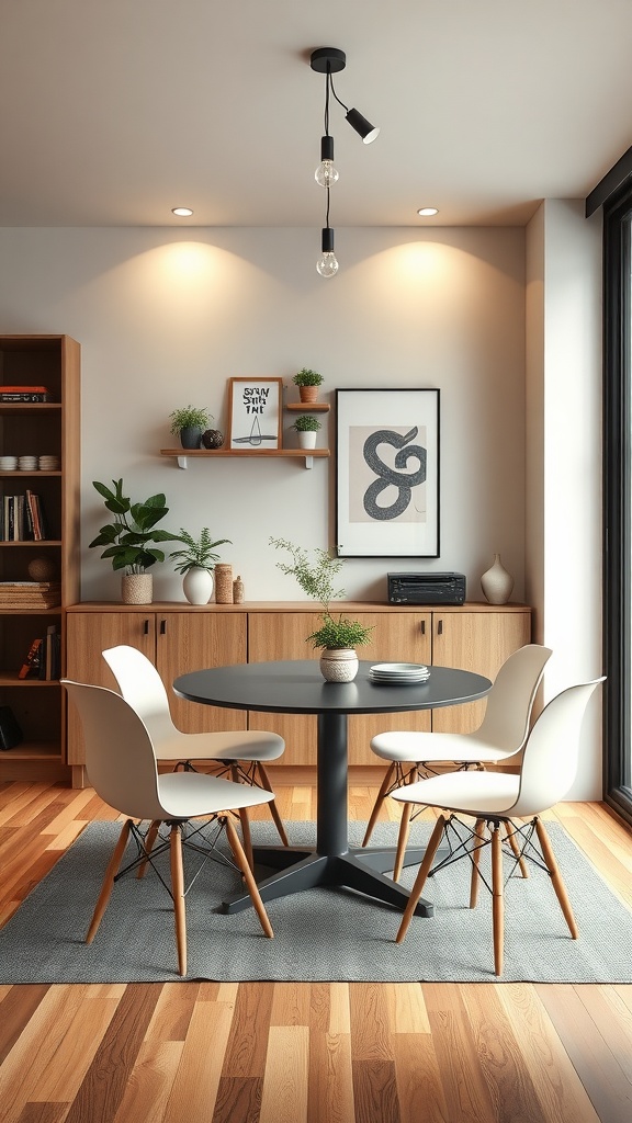 Chic dining room with a round table and modern chairs, featuring a wooden cabinet and plants.