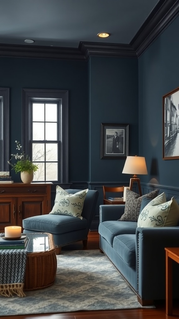 A cozy living room featuring walls painted in Benjamin Moore Newburyport Blue, with wooden furniture and soft lighting.