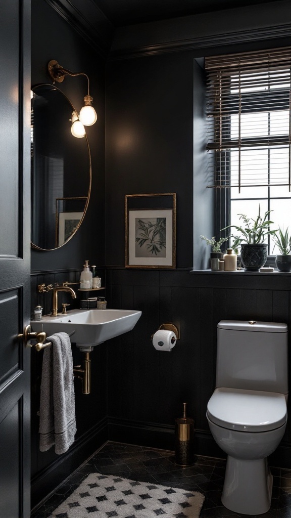 A small bathroom with black paneling, gold fixtures, and elegant decor.