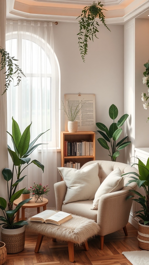 A cozy reading nook with a light-colored chair, plants, a side table, and a bookshelf.