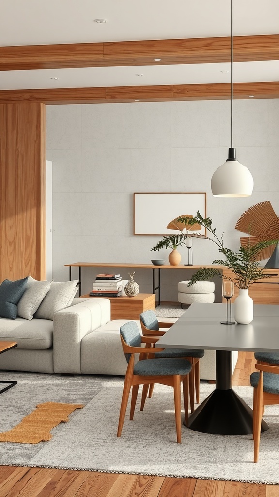 A modern living room-dining room combo featuring a light sofa, wooden dining chairs, and coordinated textures.