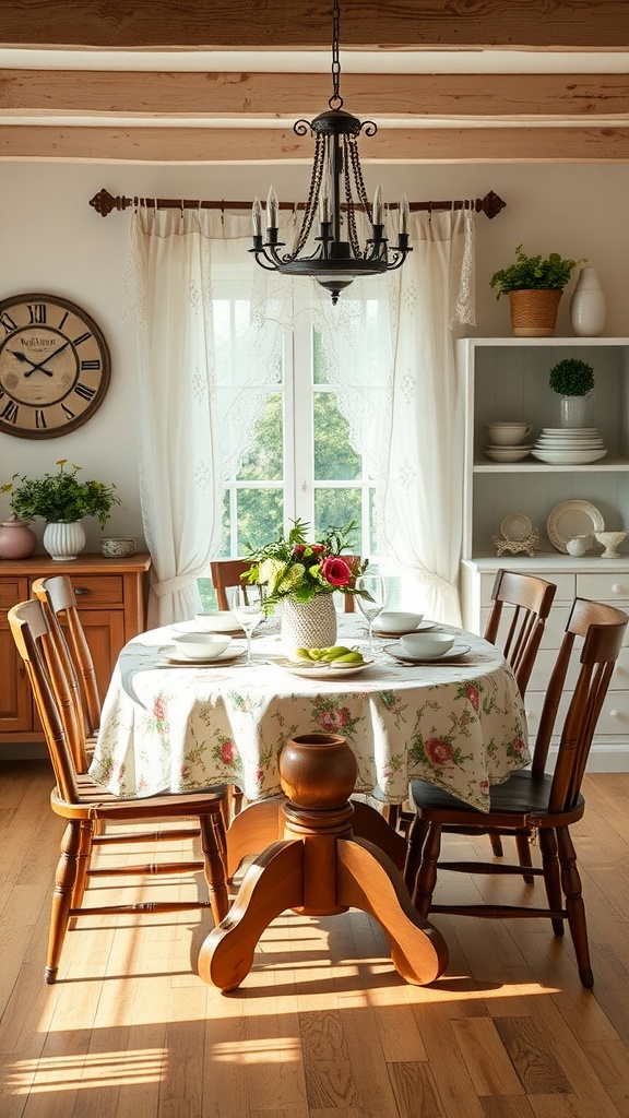 A cozy cottage core dining room with a round table featuring a floral tablecloth, wooden chairs, and a black chandelier.
