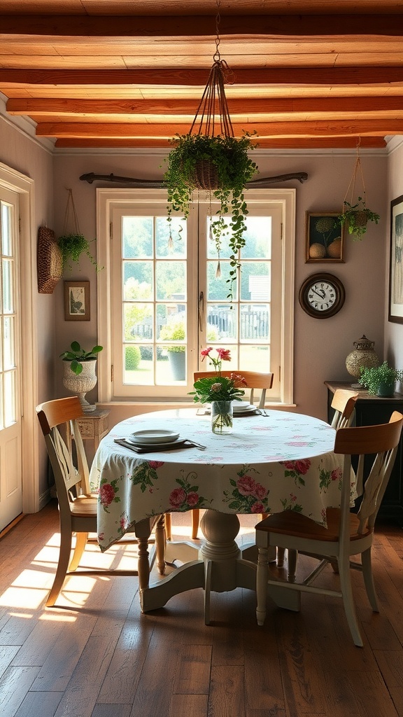 A cozy cottage-style dining room with a round table, floral tablecloth, and potted plants, showcasing warm wooden beams and eclectic decor.