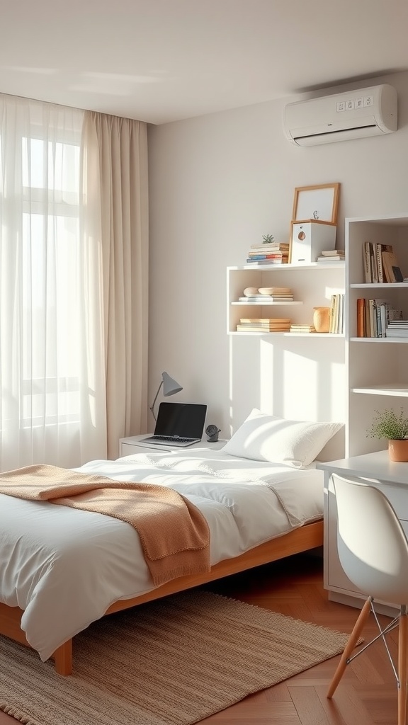 A tidy guest bedroom with a home office setup, featuring a neatly made bed, a desk with a laptop, and shelves with books and decor.