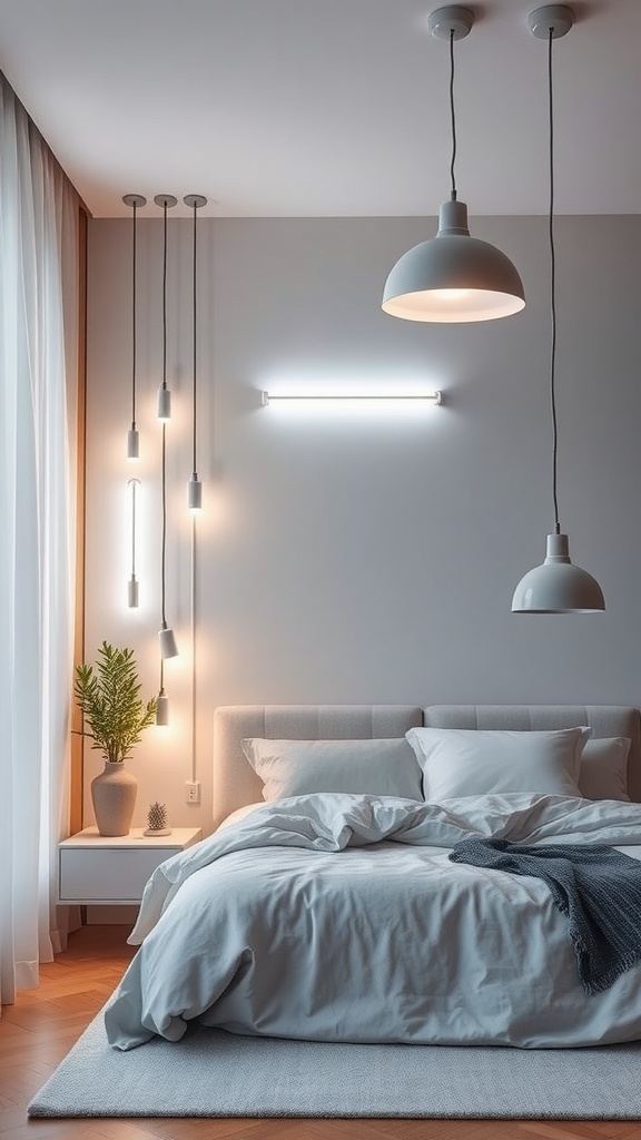 A modern bedroom featuring various LED light sources, including pendant lights and wall-mounted fixtures, creating a stylish and eco-friendly space.