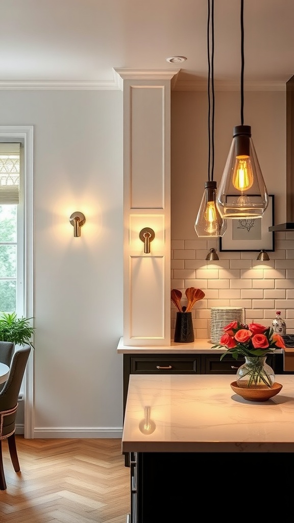 A modern kitchen featuring wall sconces and pendant lights, with a floral arrangement on the counter.