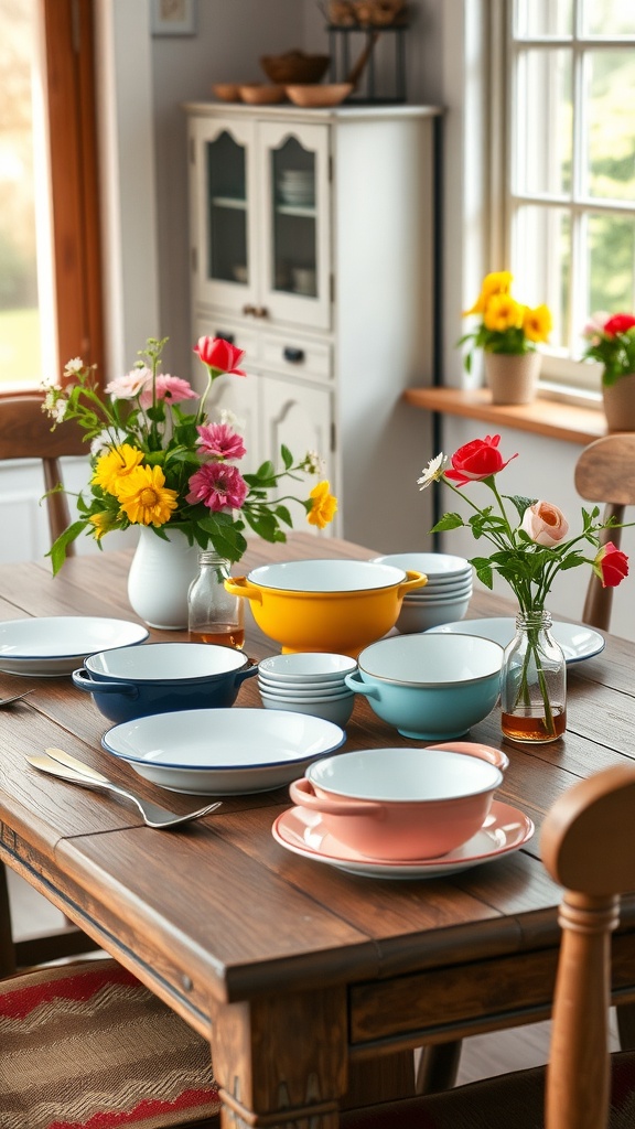 A cozy dining table set with colorful enamelware dishes and fresh flowers.