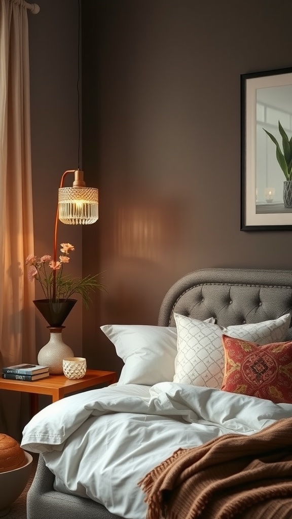 Cozy bedroom featuring a crystal sconce, plush bed, and decorative elements.