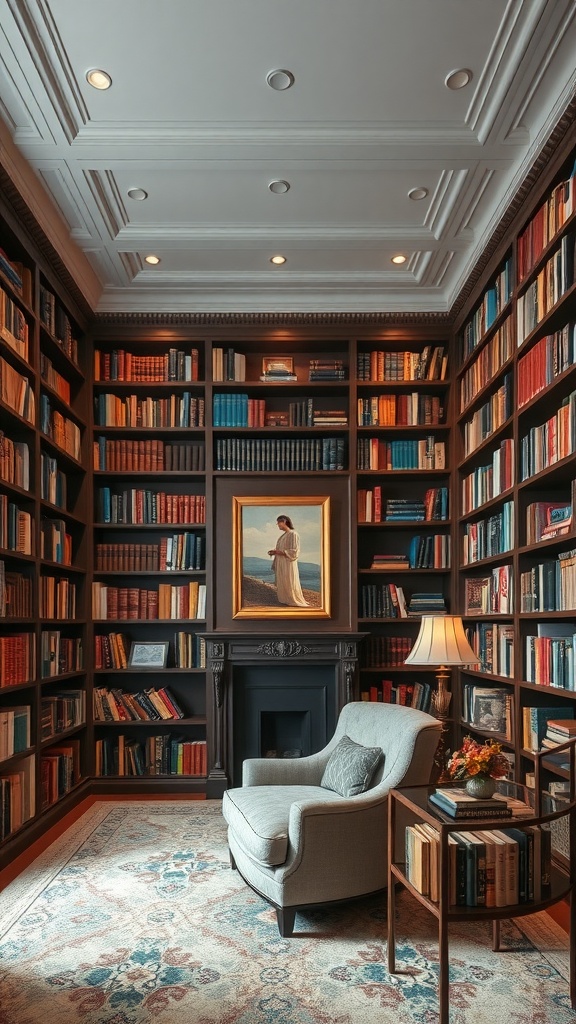 A cozy home library with floor to ceiling bookshelves, a comfortable chair, and soft lighting.