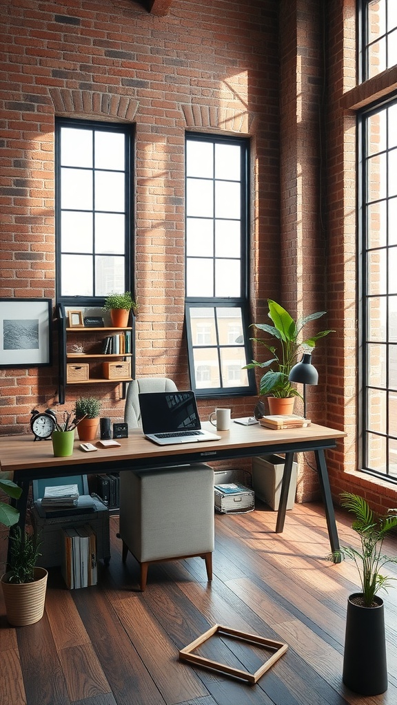 A cozy loft-style home office nook with exposed brick walls, large windows, a wooden desk, and plants.