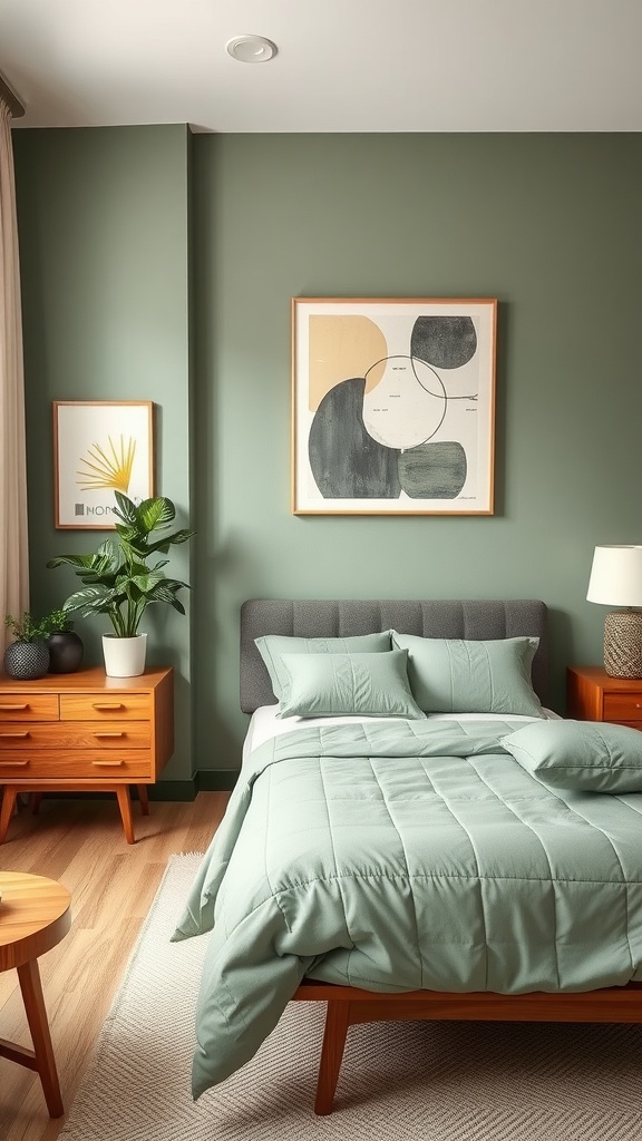 Mid-century modern bedroom with sage green walls, a light green quilt, grey upholstered headboard, and wooden furniture.