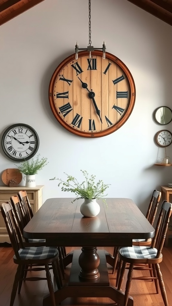 A cozy farmhouse dining room featuring an oversized wooden wall clock, a wooden table, and rustic decor