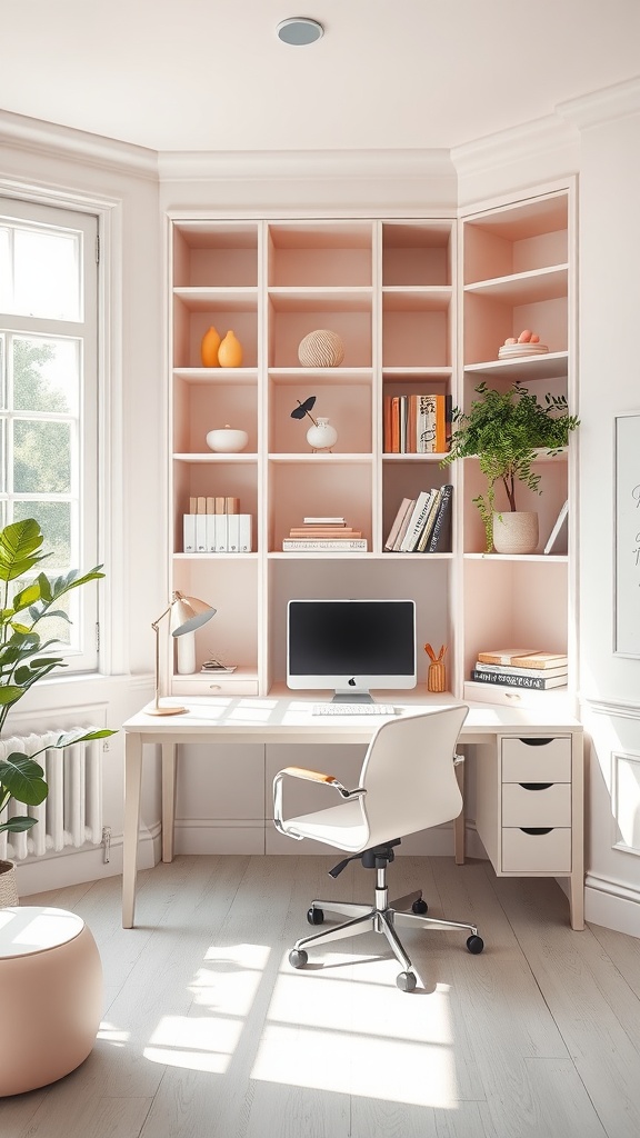 A stylish office space featuring pastel-colored shelving, a modern desk, a computer, and greenery.
