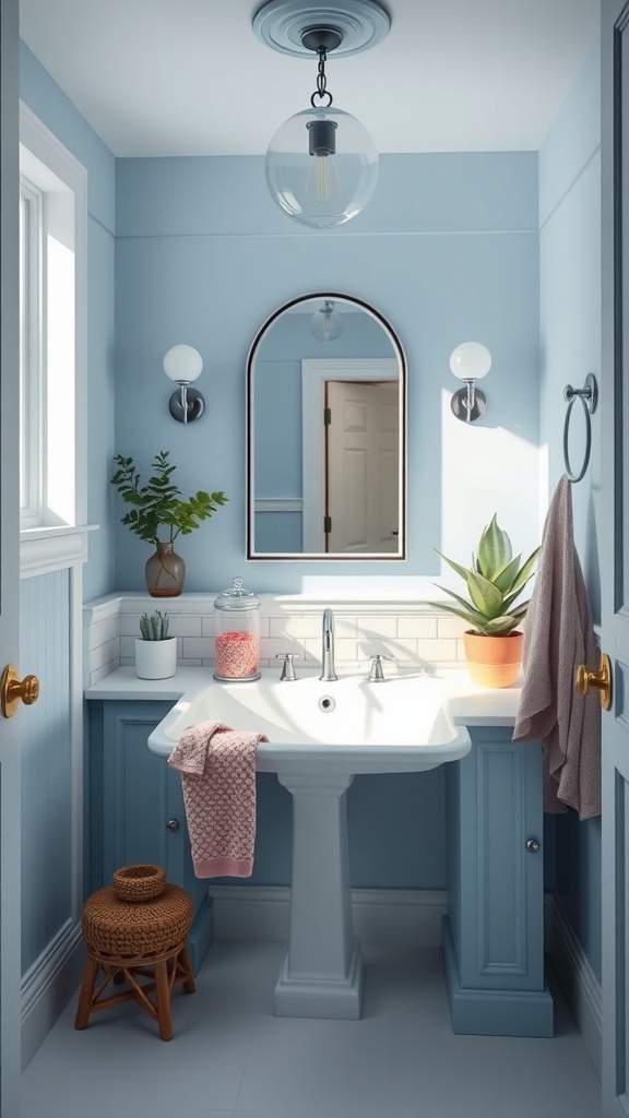 A stylish bathroom featuring powder blue walls, white fixtures, and cozy accessories.