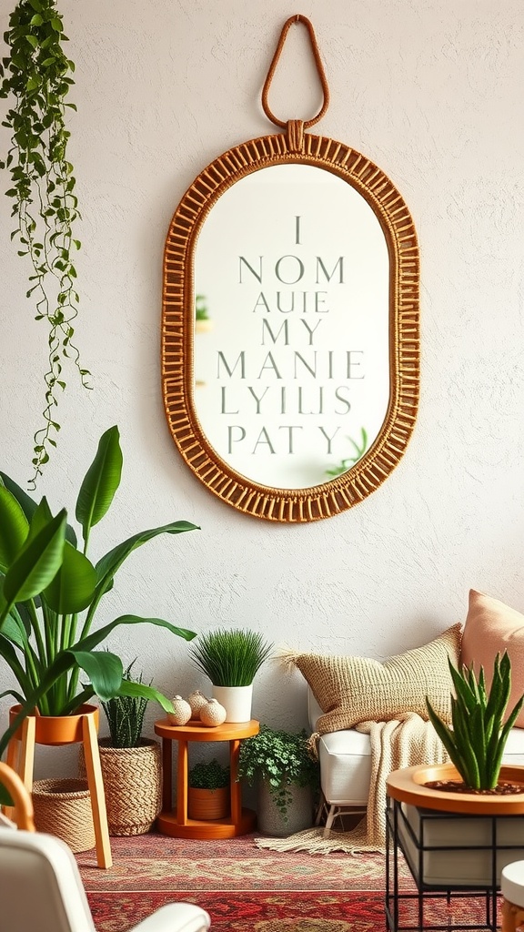 A cozy living room featuring a rattan mirror, plants, and warm decor