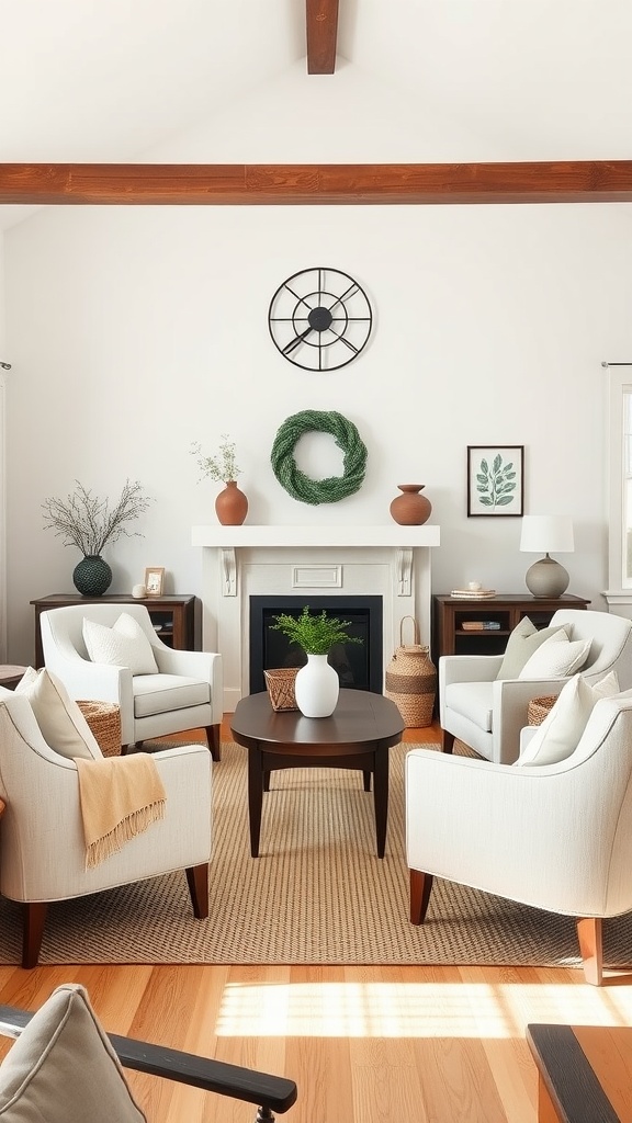 A serene living room featuring white armchairs arranged symmetrically around a dark table, with a cozy fireplace and rustic decor.