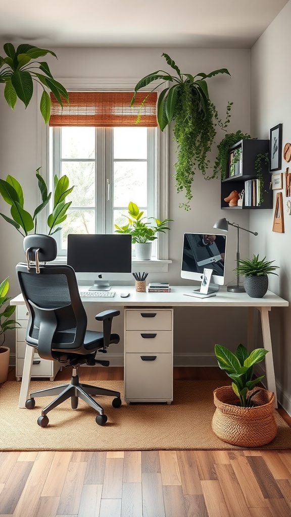 A bright home office featuring a shared desk island with two workstations, plants, and natural light.