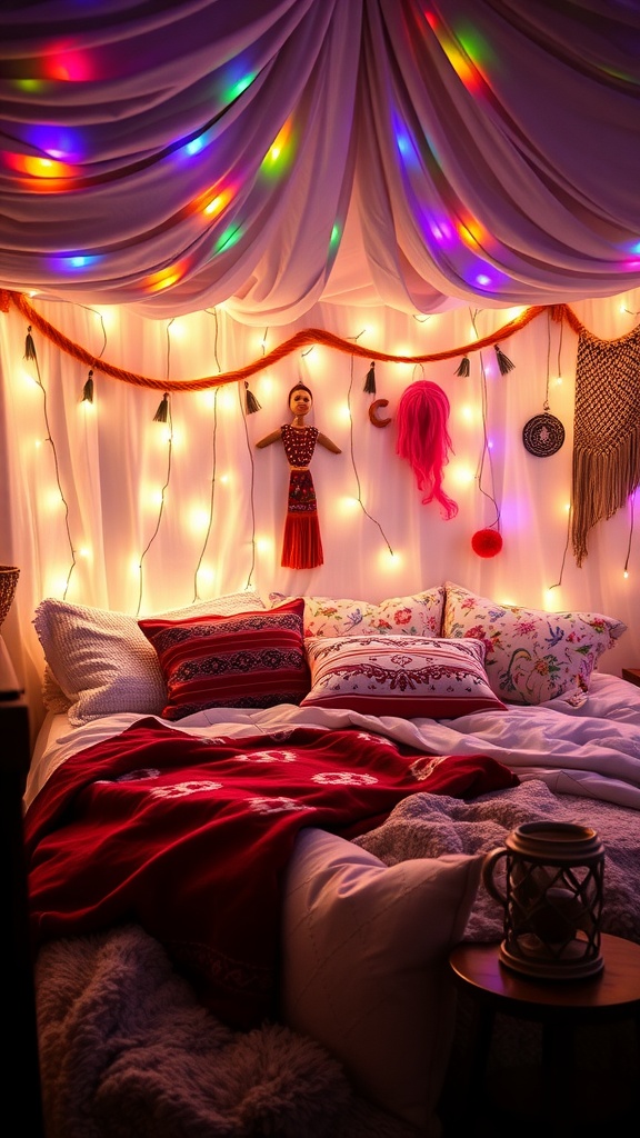 Cozy bedroom with colorful fairy lights, patterned pillows, and Bohemian decor.
