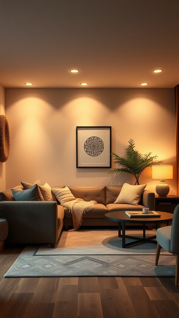 A cozy living room featuring subtle recessed lighting, a comfortable couch, and warm decor elements.