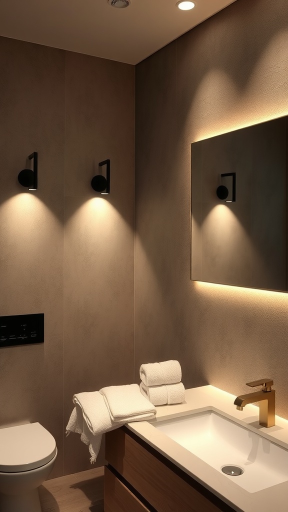 A well-lit bathroom featuring subtle wall washers and warm lighting.