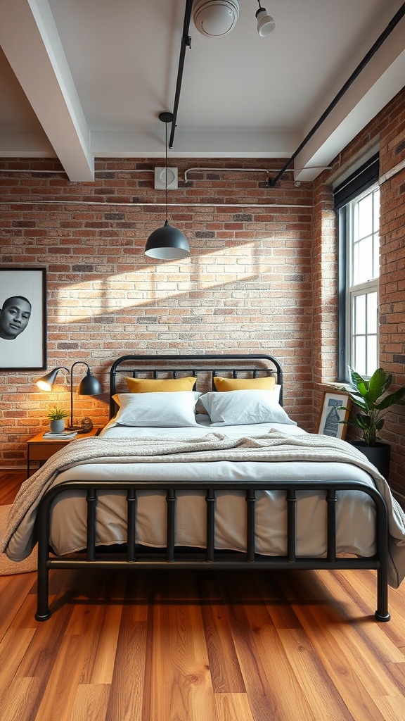 A modern industrial bedroom with a steel bed frame, exposed brick wall, and wooden flooring.