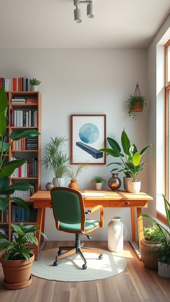 A cozy workspace with a wooden desk, green chair, and plants, designed for a relaxing and productive environment.