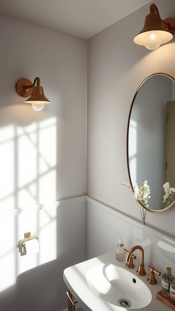 A stylish bathroom featuring bronze wall-mounted lights, a round mirror, and a sink with decorative accessories.