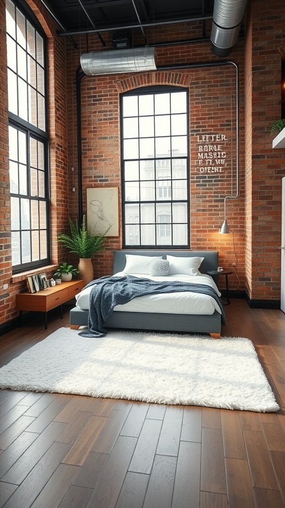 Modern industrial bedroom featuring a plush area rug, exposed brick walls, and a cozy bed.