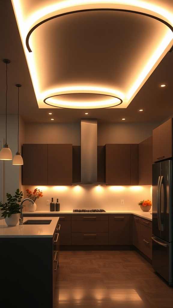 A modern kitchen featuring ambient ceiling halo lighting with dark cabinets and warm tones.