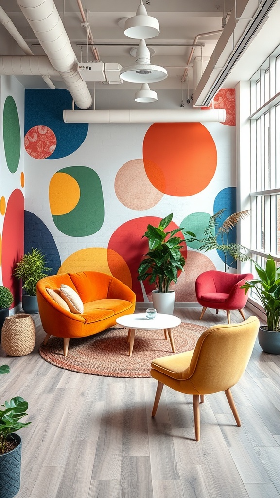 A cozy office lounge area featuring a colorful hand-painted mural with circular shapes, complemented by vibrant furniture and plants.