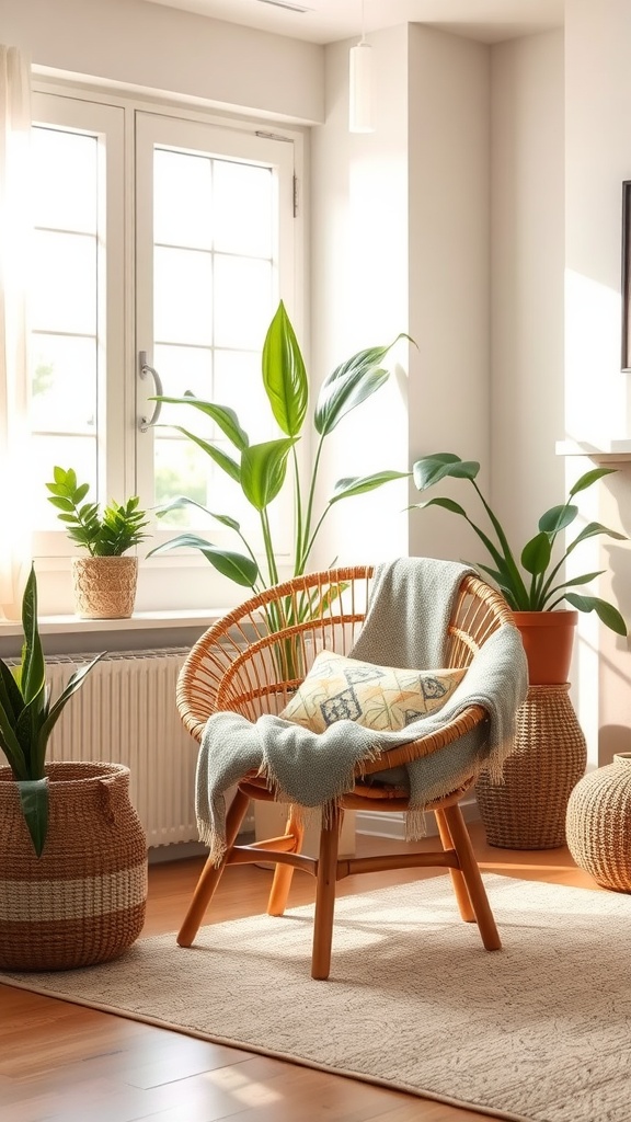 A cozy boho living room featuring a rattan accent chair, plants, and natural light.