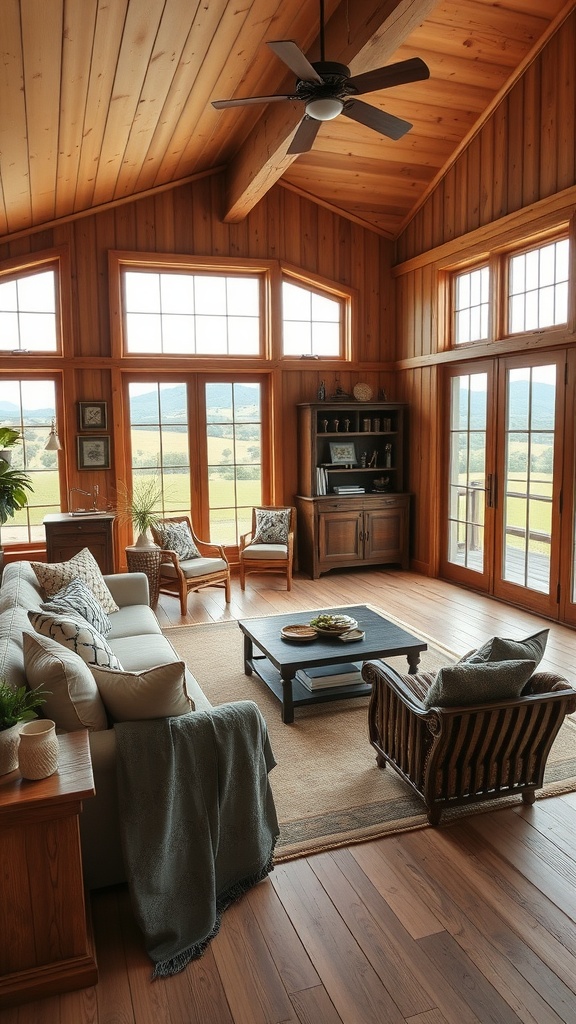 A cozy rustic farmhouse living room with wooden walls, large windows showing countryside views, a beige sofa, decorative pillows, and a woven armchair.