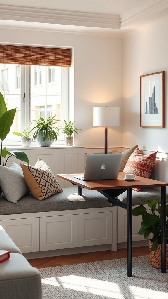 A cozy built-in banquette desk in a living room, featuring soft cushions, plants, and a laptop on the table.