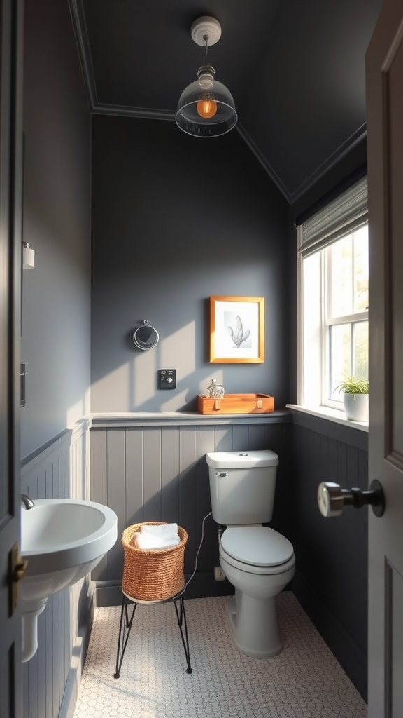 A small bathroom featuring dark gray walls, with white fixtures and natural light coming through a window.