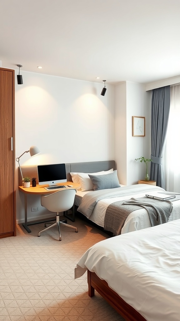 A stylish guest bedroom with a home office setup featuring a desk and a bed.
