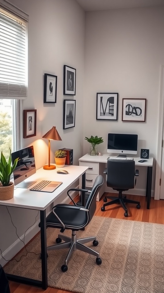 A cozy double desk layout with integrated charging stations, featuring two desks side by side, stylish lamp, and decorative plants.
