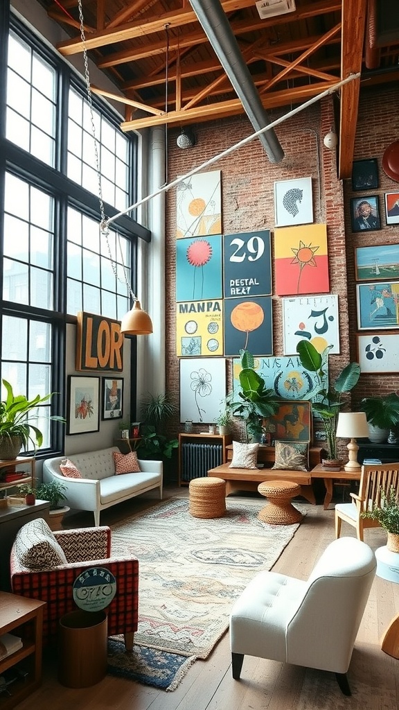 A stylish eclectic loft featuring large windows, exposed brick walls, various artwork, and cozy seating arrangements.