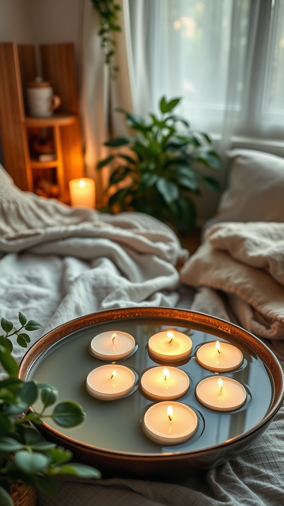 A serene boho bedroom scene featuring floating candles in a dish, surrounded by plants and soft bedding.