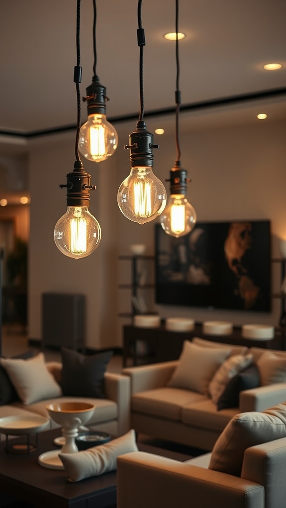 Hanging industrial chic light bulbs over a cozy living room setting.