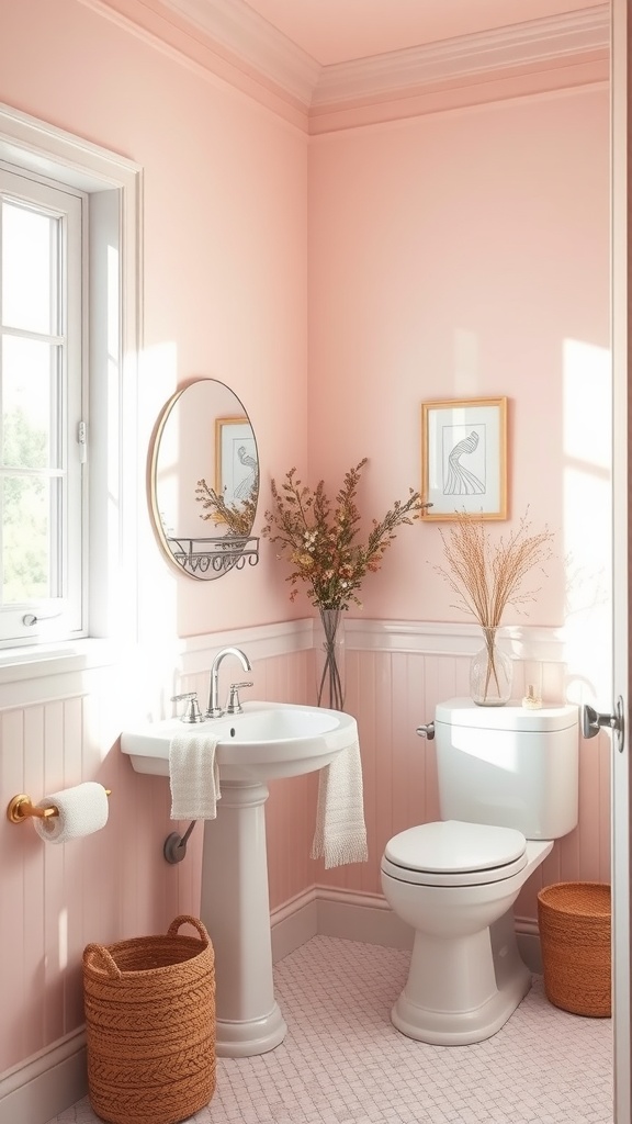 A bright bathroom painted in light pink with white fixtures and simple decor