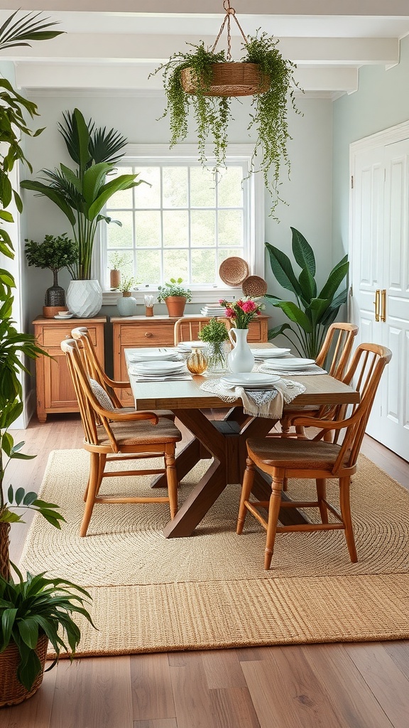 A cozy cottagecore dining room featuring a natural fiber rug under a wooden table surrounded by chairs and plants.
