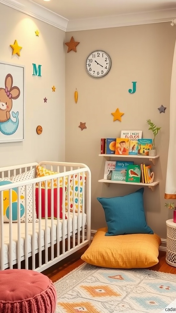 Cozy reading nook next to a crib with colorful cushions and bookshelves.